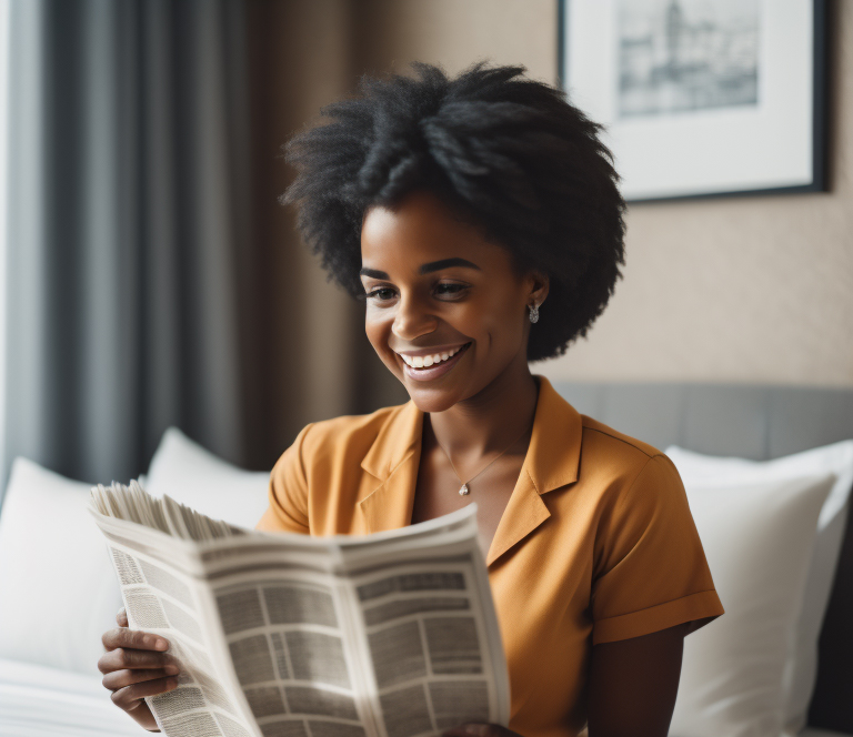 picture of newspaper-holding lady for publication of name change advert online in national newspapers in Nigeria